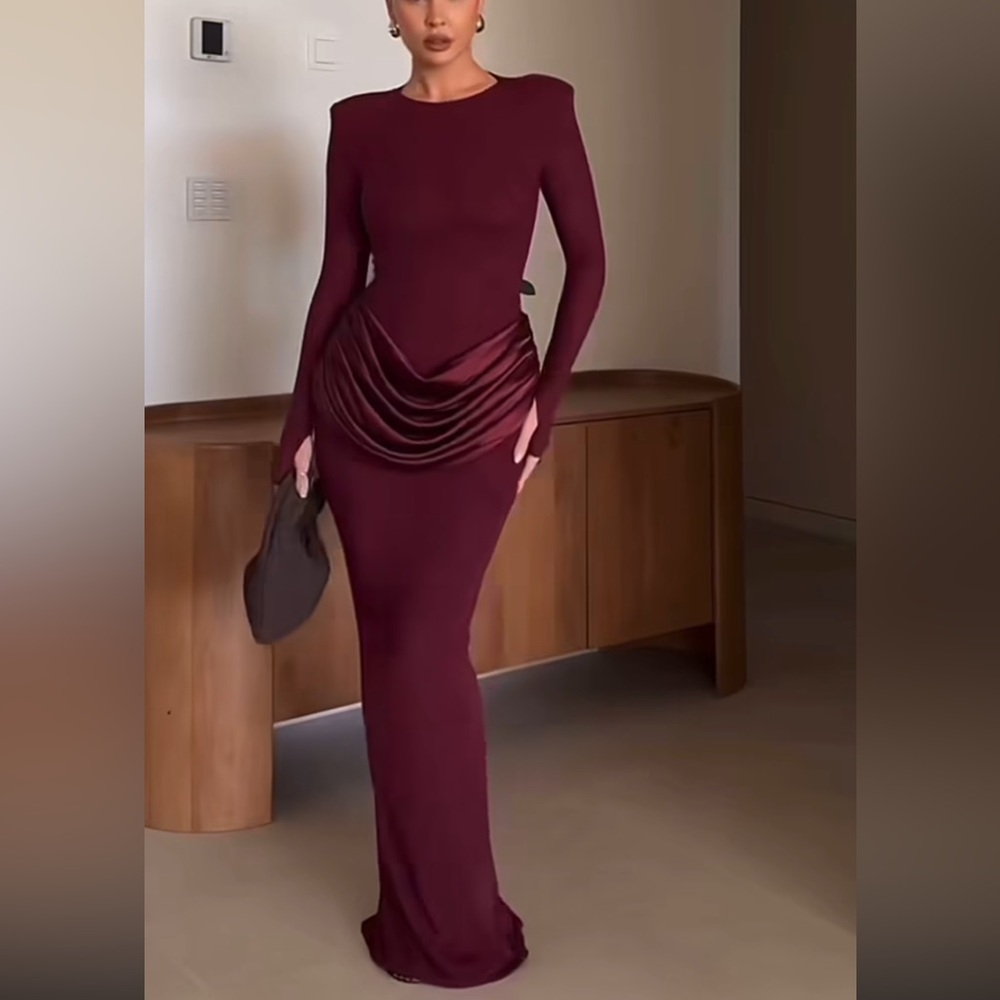 ASOS - Wanderdoll burgundy long sleeve Eman dress mesh maxi dress draped waist - Picture 9 of 14